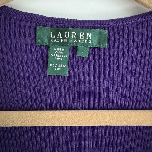 New Lauren Ralph Lauren Purple Silk V-Neck Sweater Ruffle Trim Size Large - Picture 5 of 5